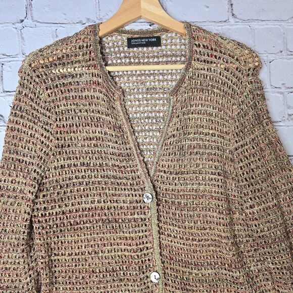 Jones New York Crochet Knit Multicolor Red Yellow Button Up Cardigan Sweater - Picture 2 of 9